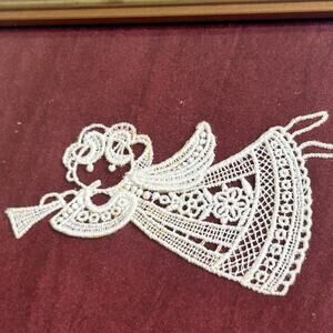 Vintage Framed Embroidered Lace Angel on Fabric in Gold Frame